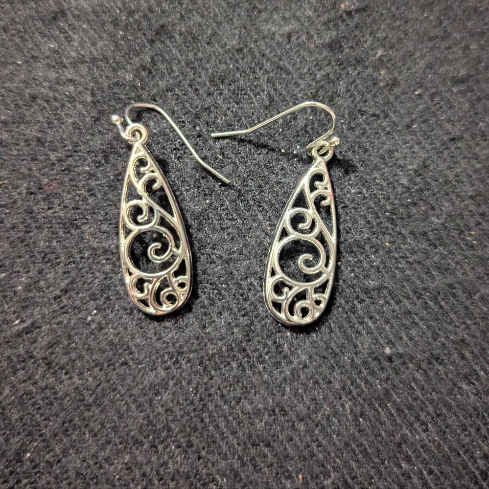 Silver Tone Filigree Elongated Teardrop Statement Earrings